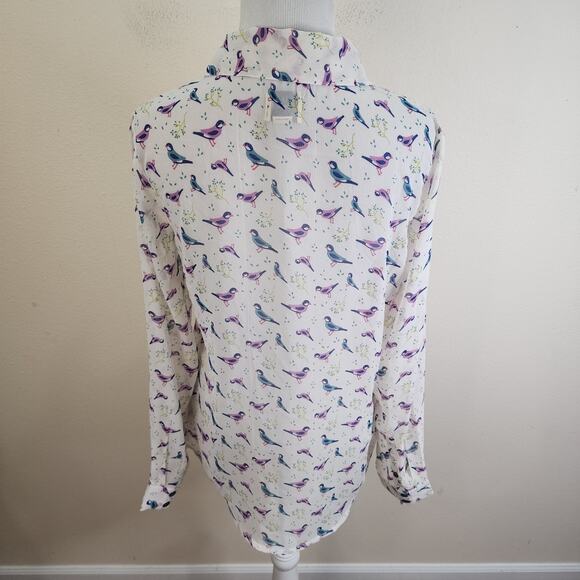 GH Bass Women's White Purple Bird Print Semi Sheer Blouse Long Sleeve Sz Small - Picture 4 of 6
